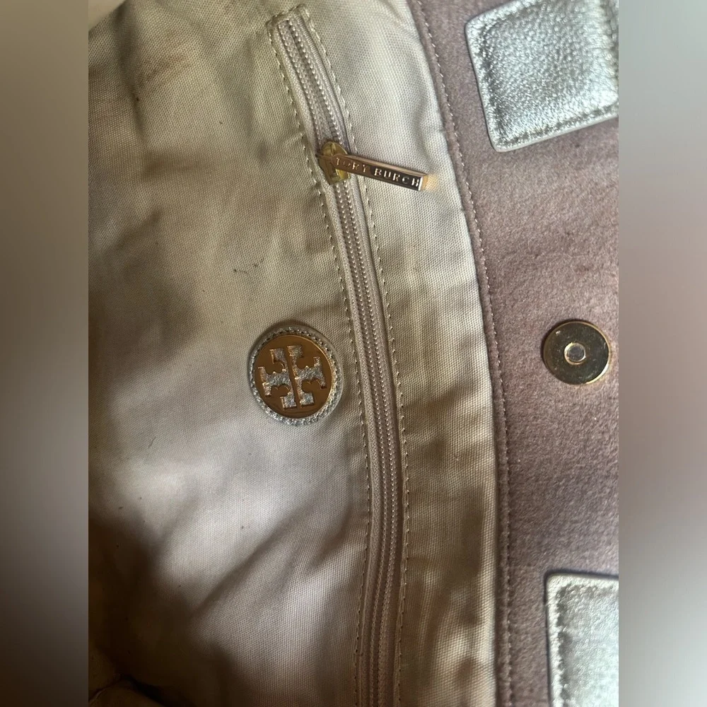 Tory Burch Ella tote features a wool canvas body with gold leather trim & handle